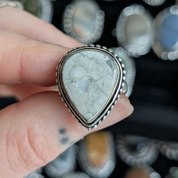 White Teardrop Sterling Silver Ring Retro Vintage Boho Natural Stone Size 5.25 - Picture 1 of 7